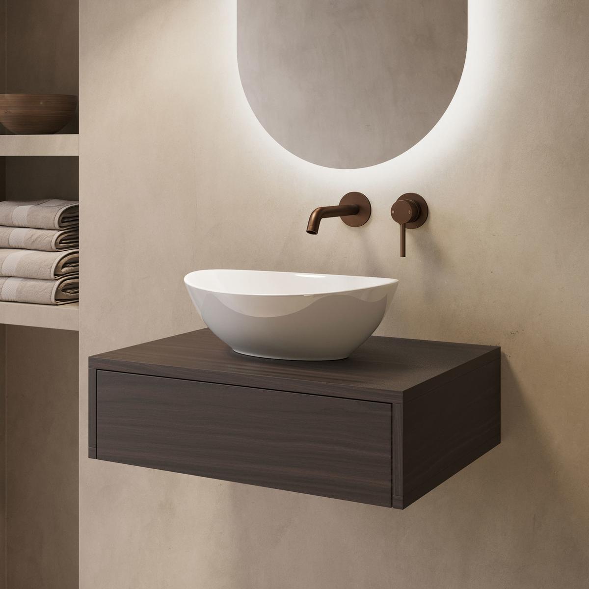 600mm Walnut Wood Effect Wall Hung Countertop Vanity Unit with Oval Basin - Lugo