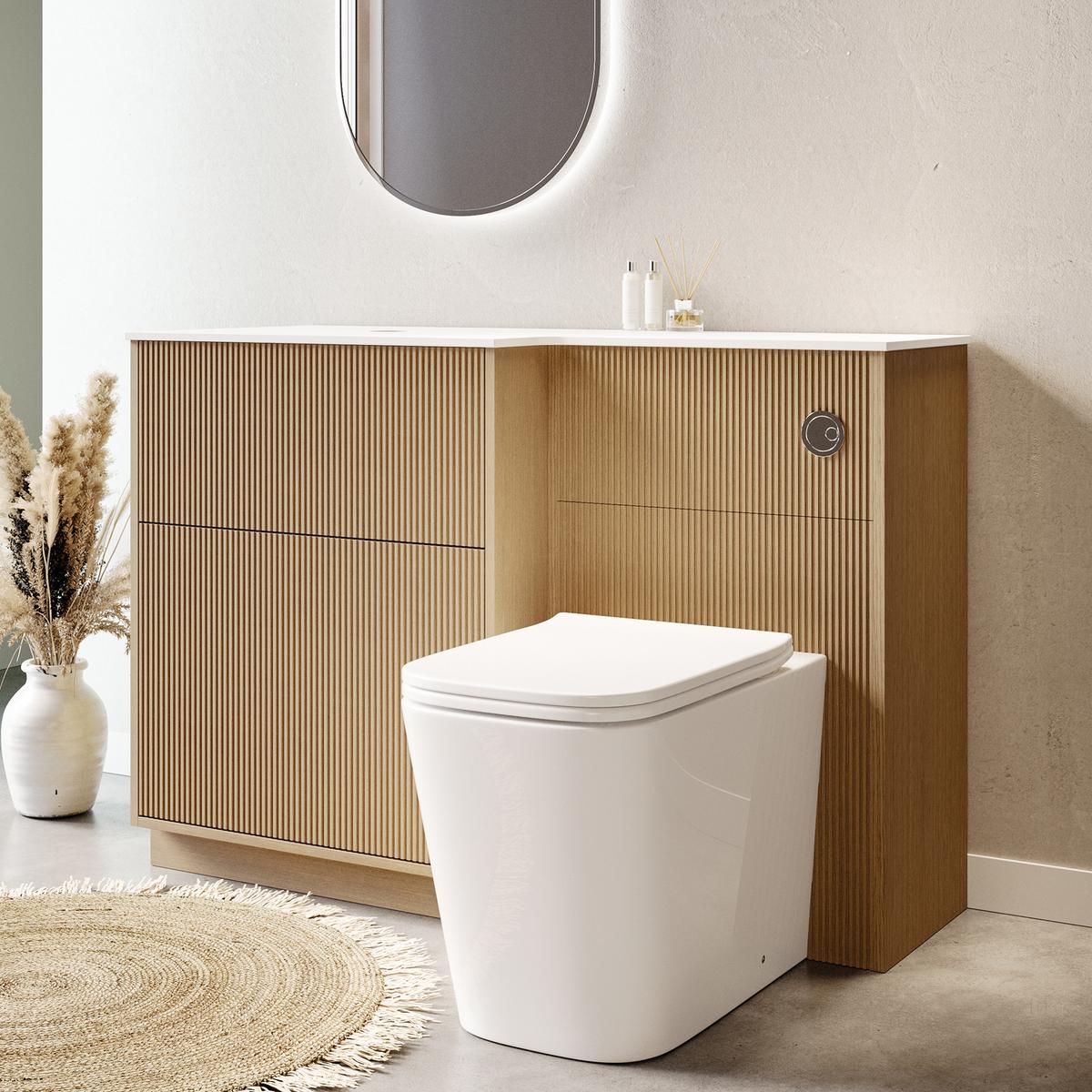 1150mm Wooden Fluted Left Hand Toilet and Sink Unit with Square Toilet and Chrome Fittings - Matira