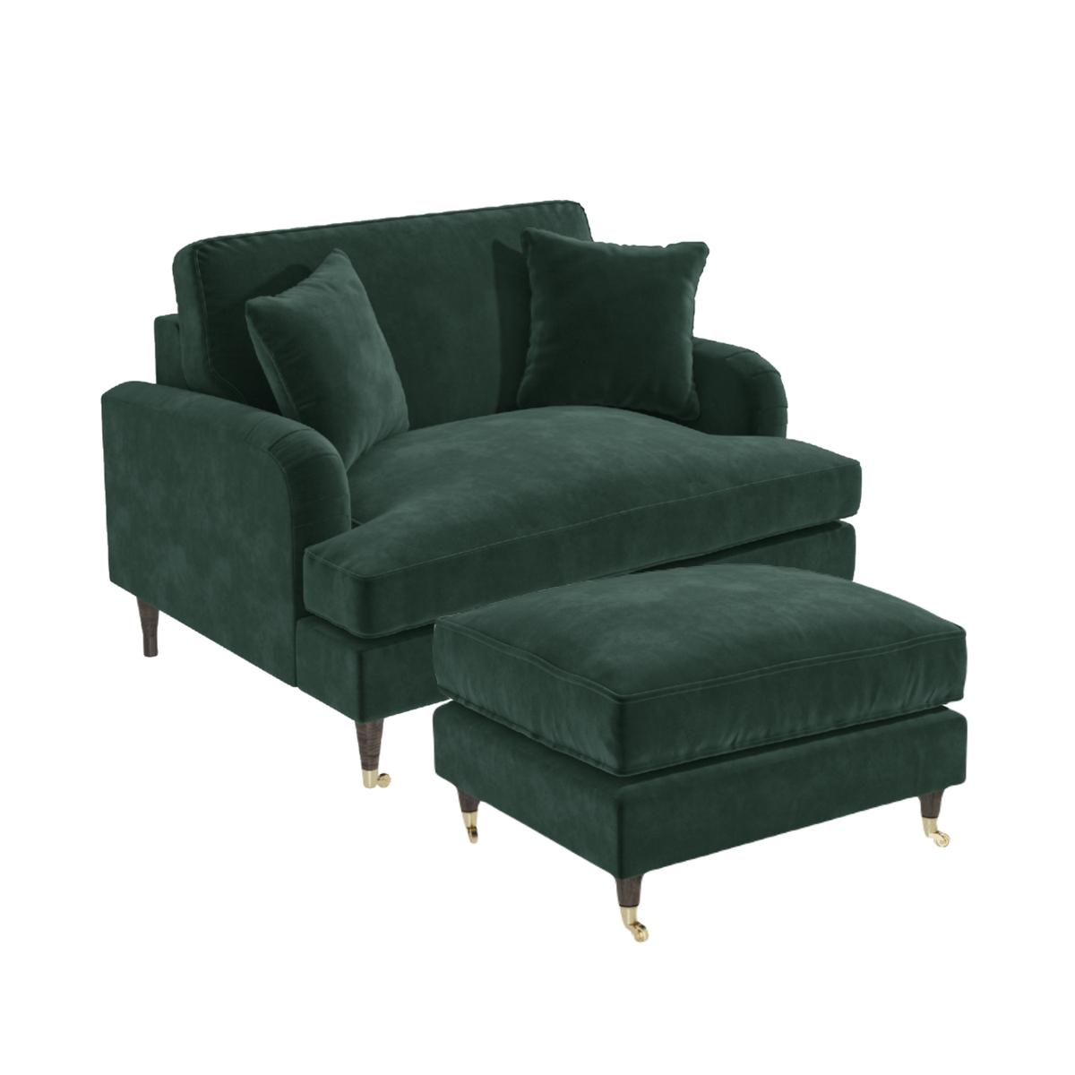 Dark Green Velvet Love Seat and Footstool - Payton