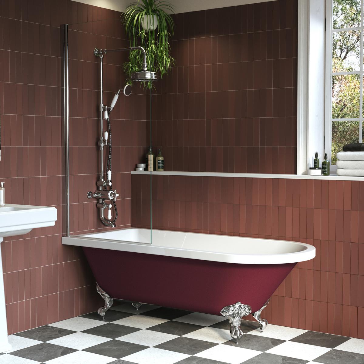 Burgundy Freestanding Single Ended Shower Bath with Chrome Screen & Feet 1670 x 740mm - Park Royal