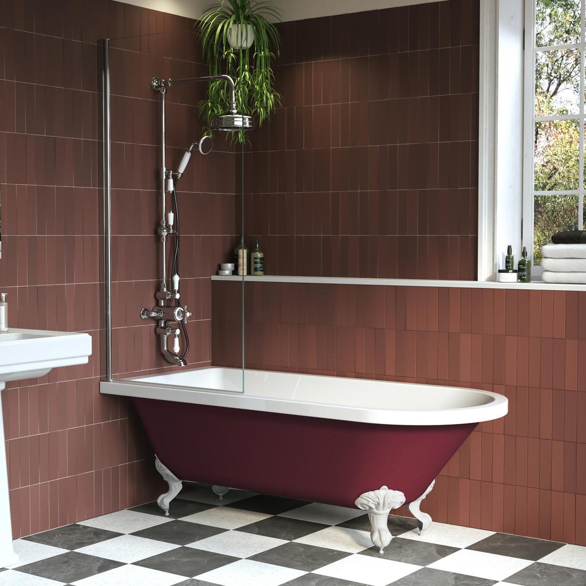 Burgundy Freestanding Single Ended Shower Bath with Chrome Screen & White Feet 1670 x 740mm - Park Royal