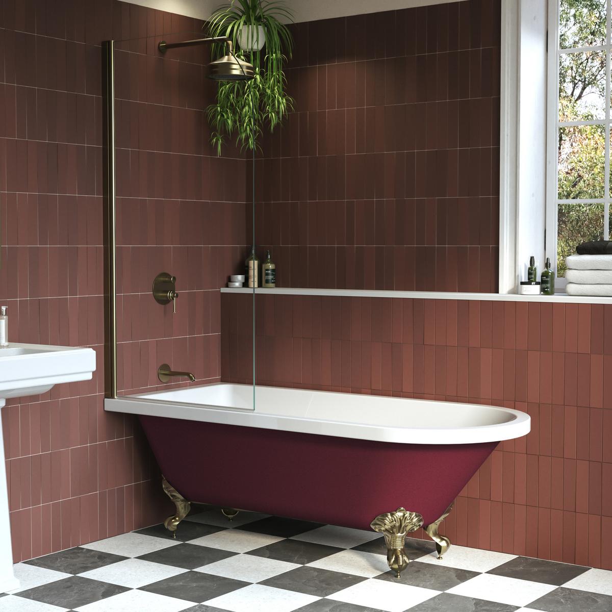 Burgundy Freestanding Single Ended Shower Bath with Brushed Brass Screen & Feet 1670 x 740mm - Park Royal