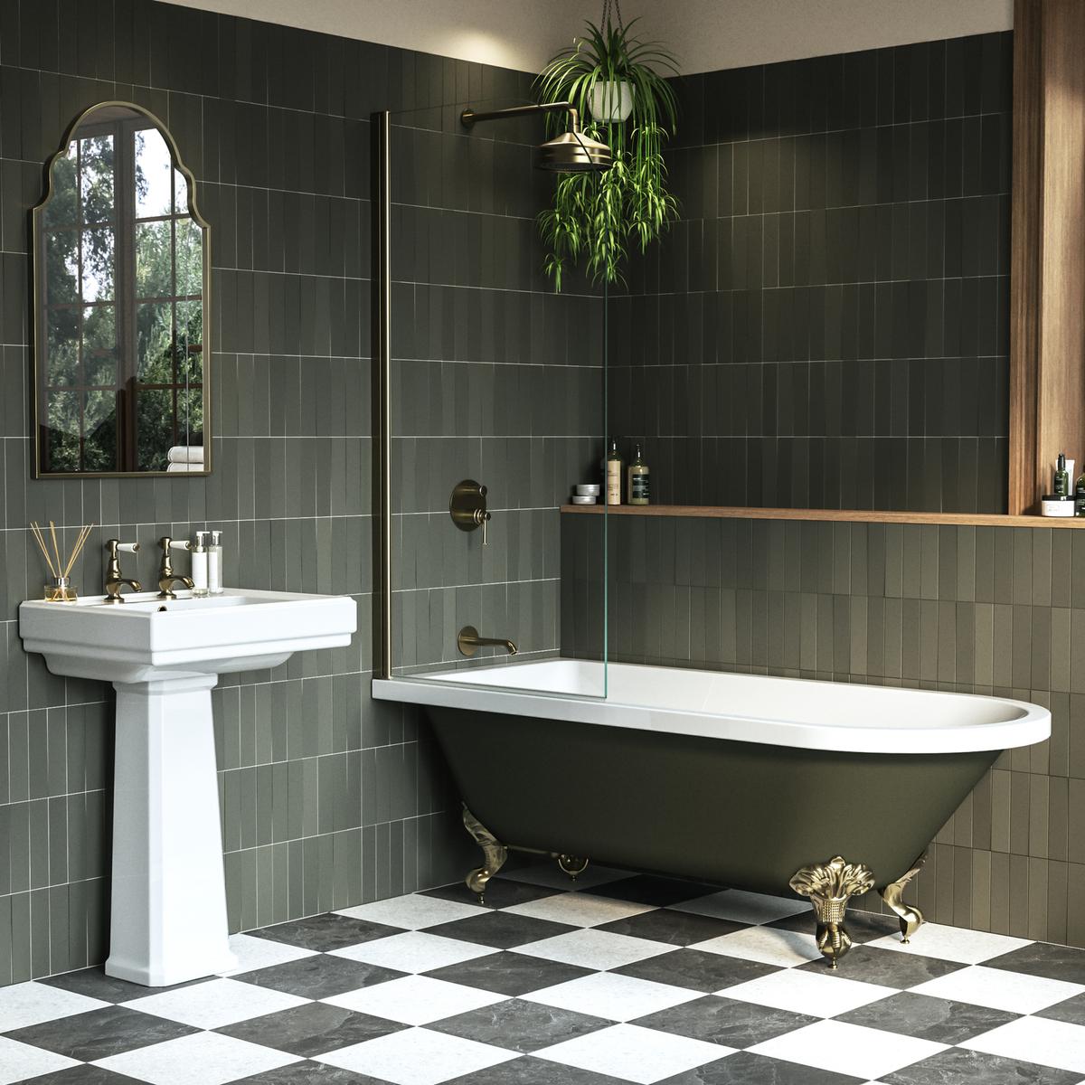 Dark Green Freestanding Single Ended Shower Bath with Brushed Brass Screen & Feet 1670 x 740mm - Park Royal