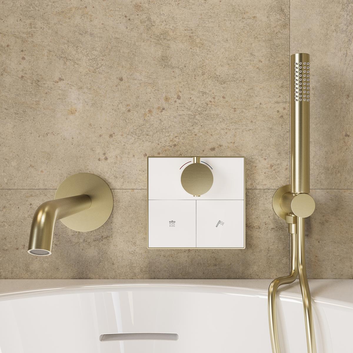 Brushed Brass 2 Outlet Wall Mounted Thermostatic Push Button Bath Mixer Shower Set With Hand Shower & Bath Filler Spout - Priya