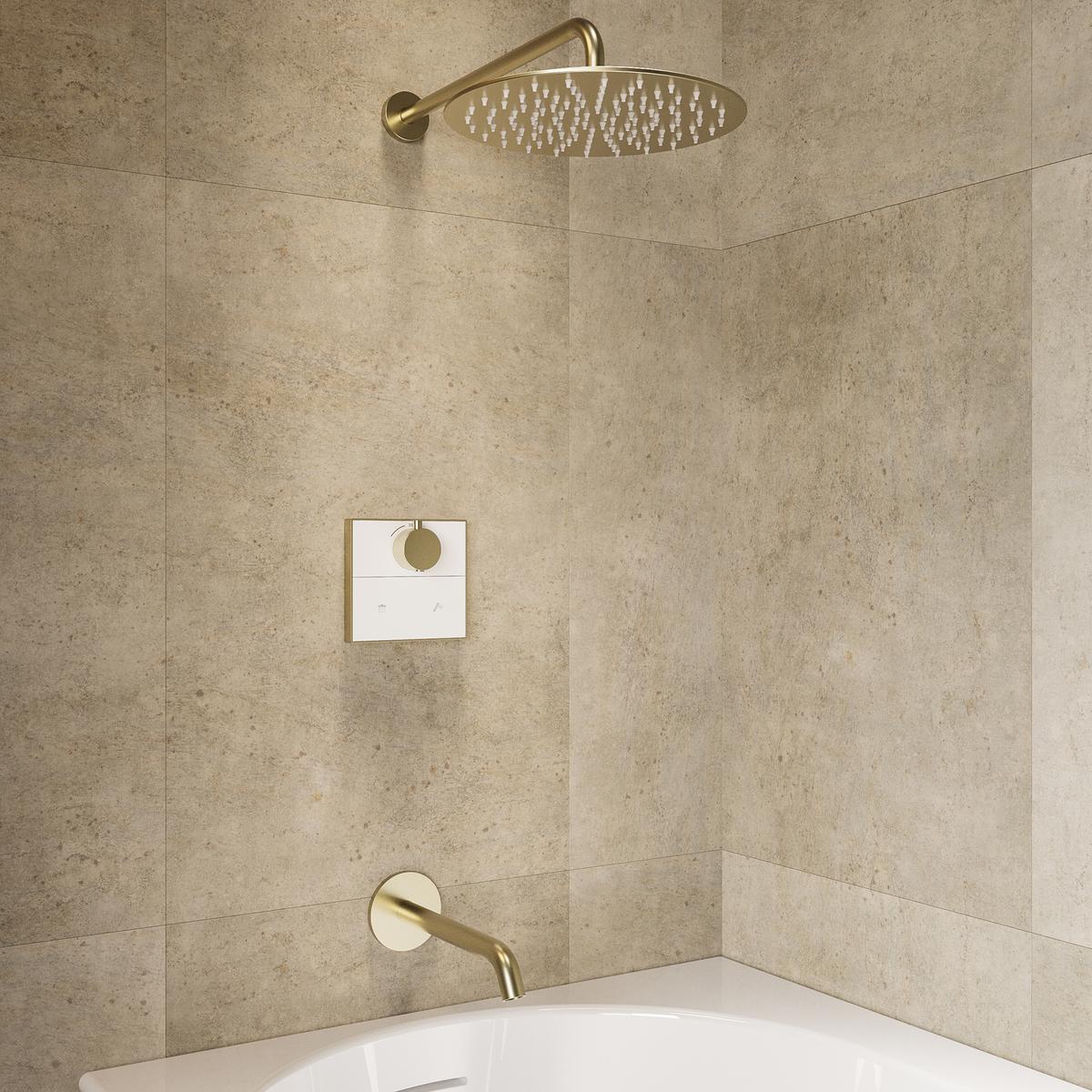 Brushed Brass 2 Outlet Thermostatic Push Button Bath Mixer Shower Set With Bath Filler Spout - Priya