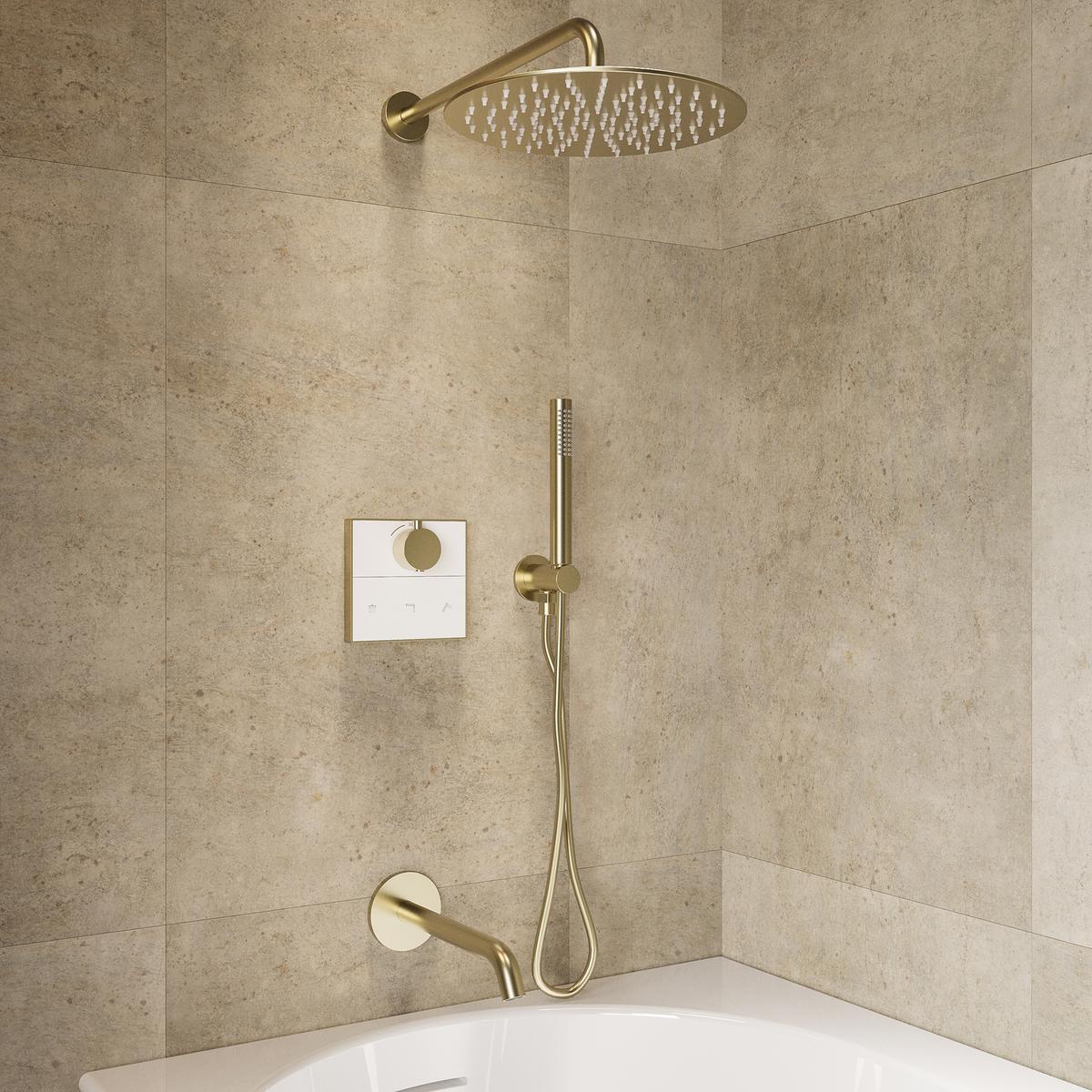 Brushed Brass 3 Outlet Thermostatic Push Button Mixer Shower Set With Bath Filler Spout & Hand Shower - Priya