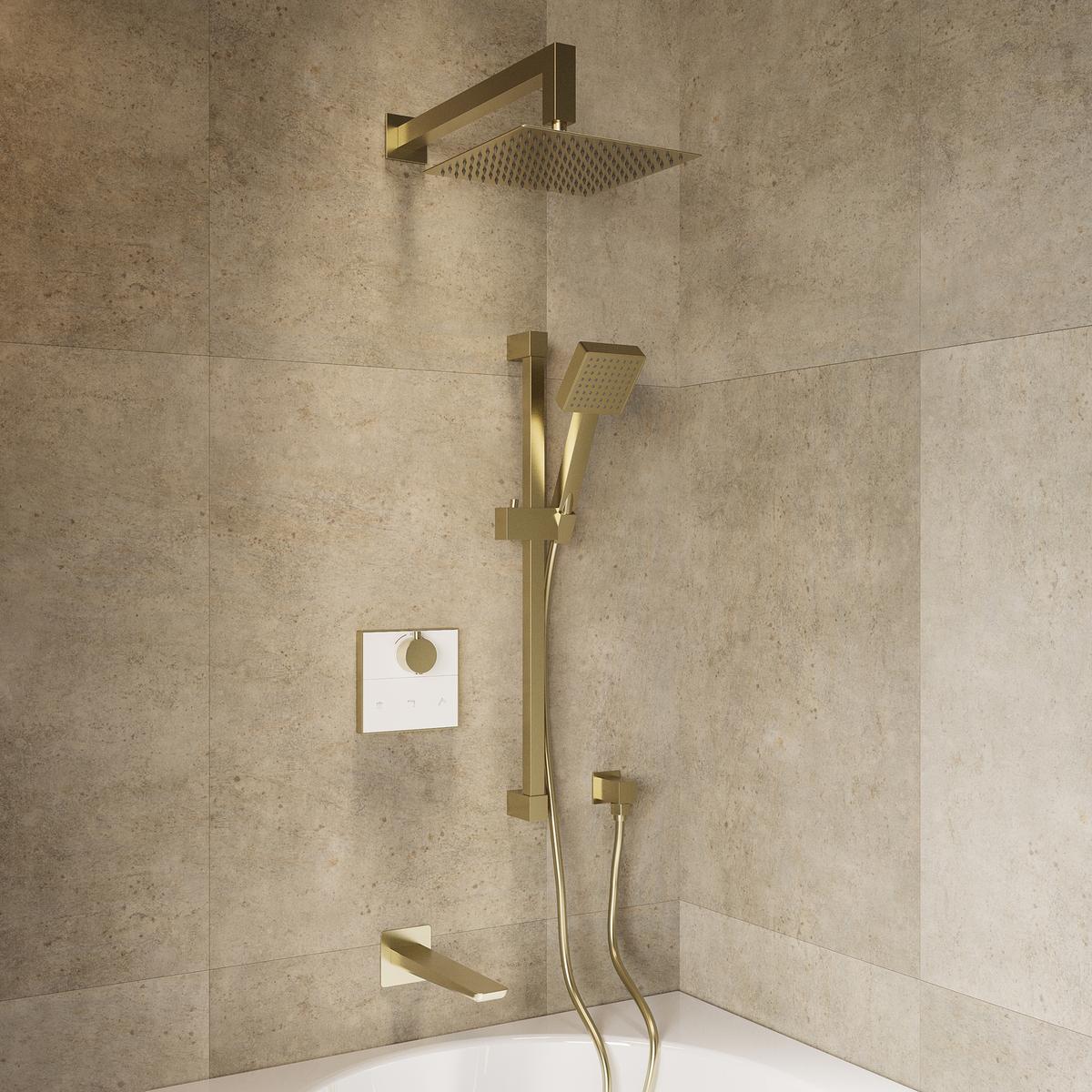 Brushed Brass 3 Outlet Thermostatic Push Button Mixer Shower Set With Bath Filler Spout & Hand Shower with Slide Rail Kit - Priya