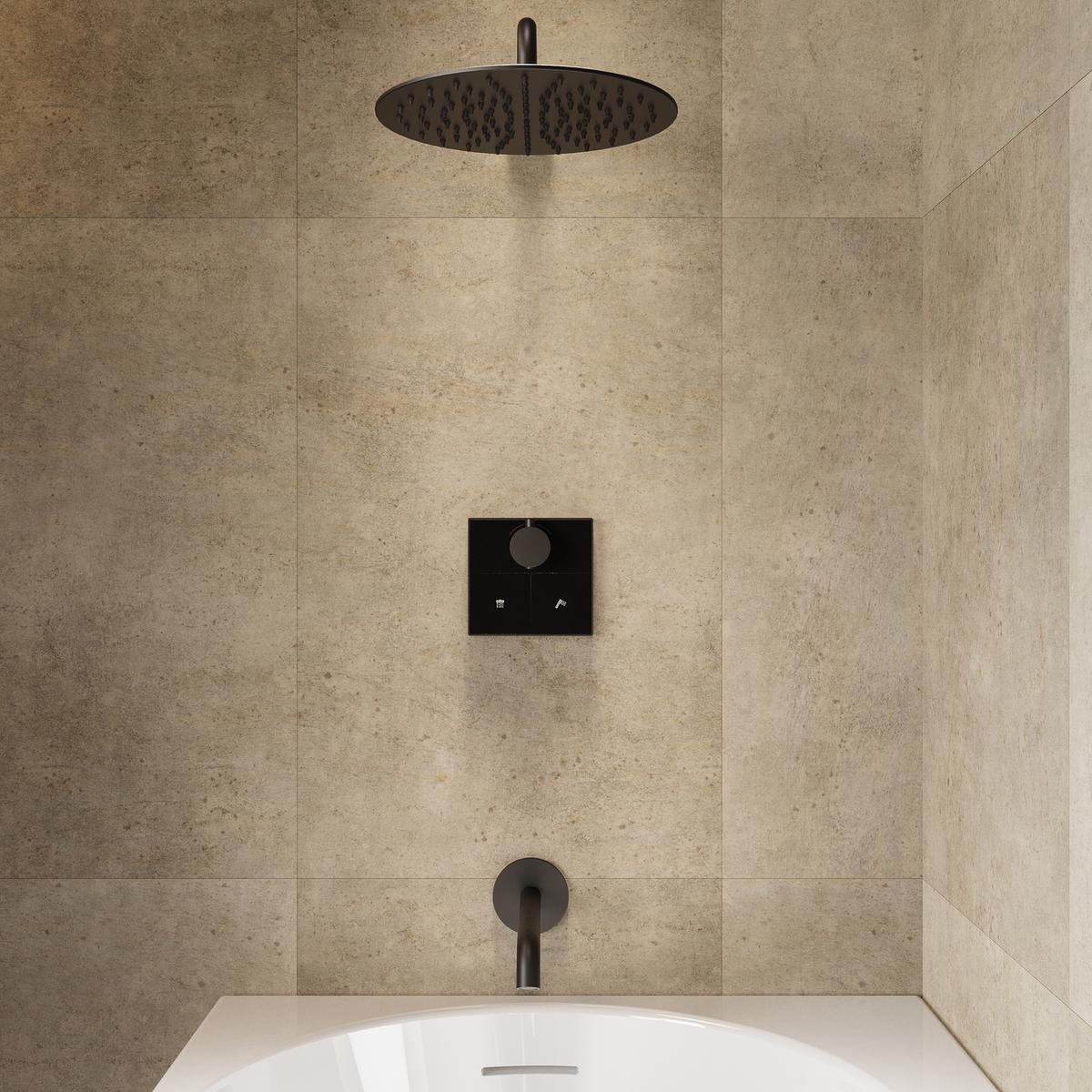 Black 2 Outlet Thermostatic Push Button Bath Mixer Shower Set With Bath Filler Spout - Priya