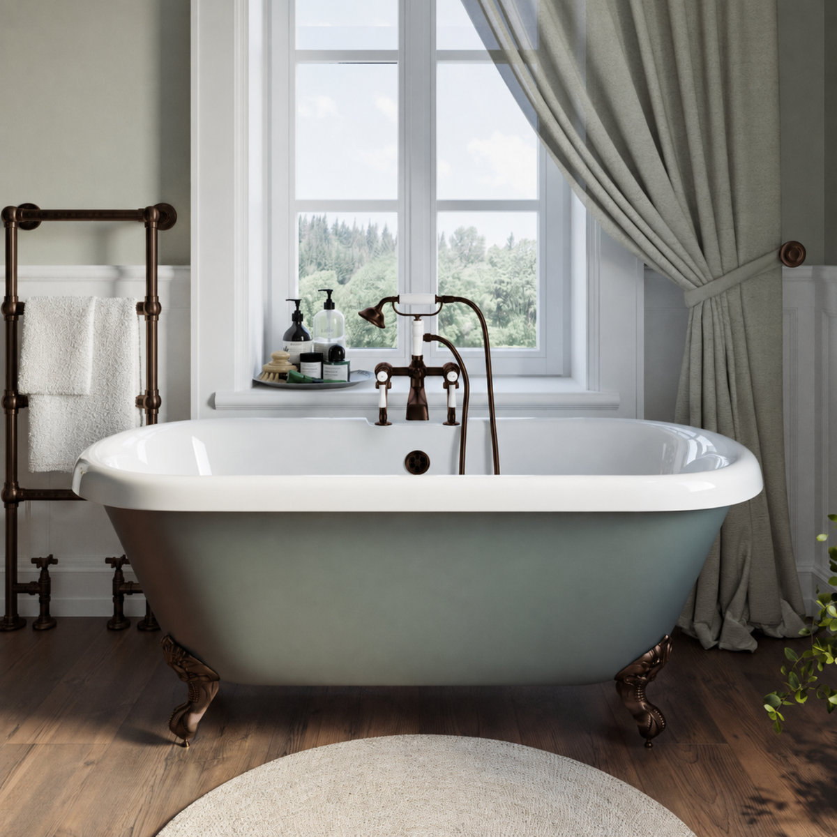 Freestanding Light Green Double Ended Roll Top Bath with Bronze Feet 1515 x 740mm - Park Royal