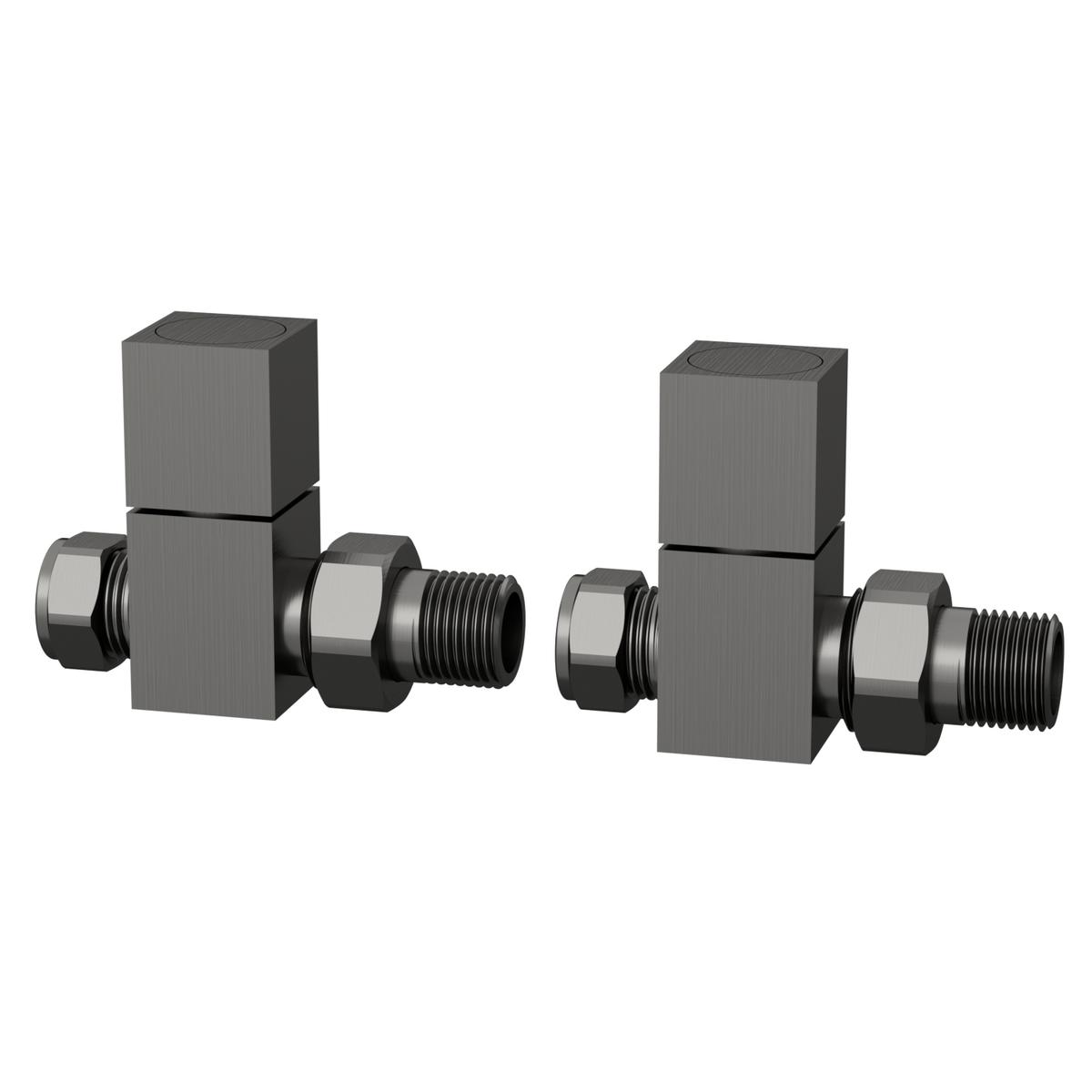 ONLY OPENED - Gunmetal Grey Square Manual Straight Radiator Valves – For Pipework Which Comes From The Floor
