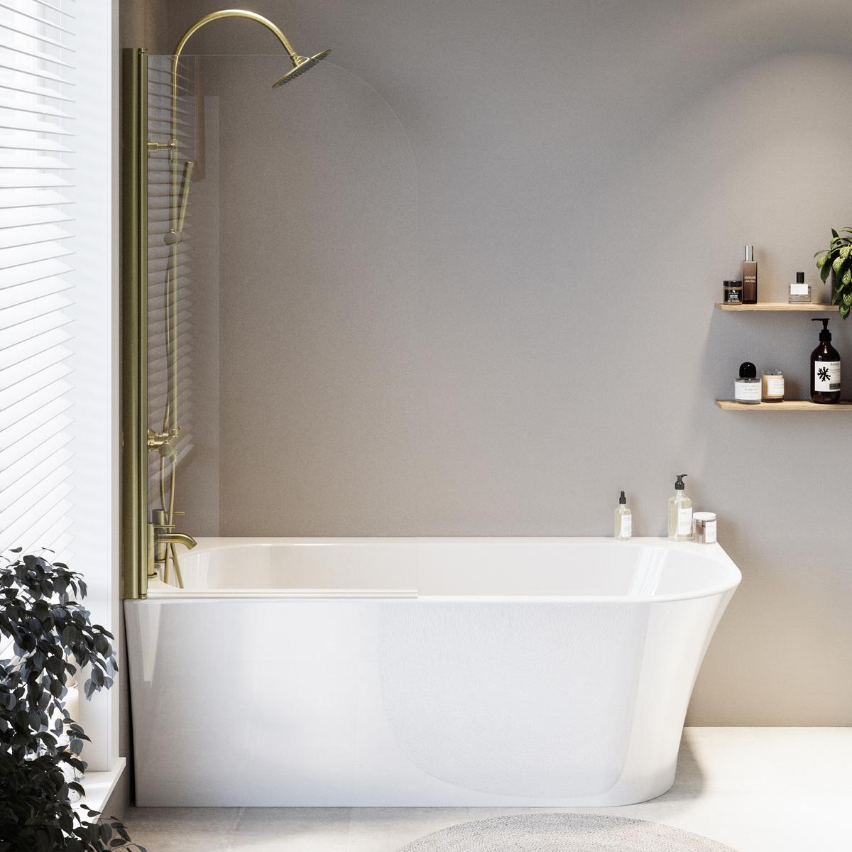 Freestanding Shower Bath Single Ended Left Hand Corner with Brushed Brass Bath Screen 1700 x 750mm - Vigo