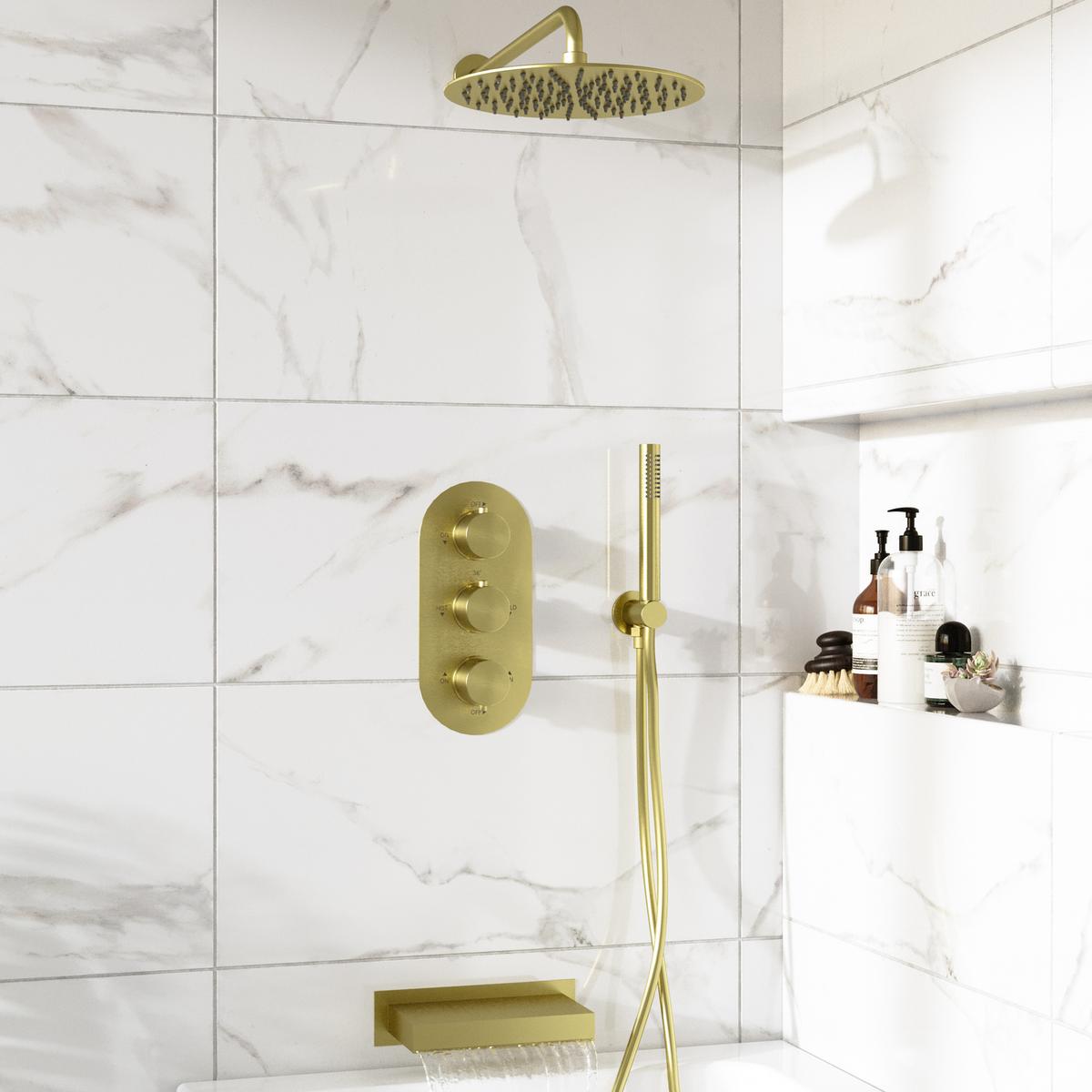 Brushed Brass 3 Outlet Thermostatic Mixer Shower Set With Waterfall Bath Filler Spout & Hand Shower with Wall Bracket -Zanda