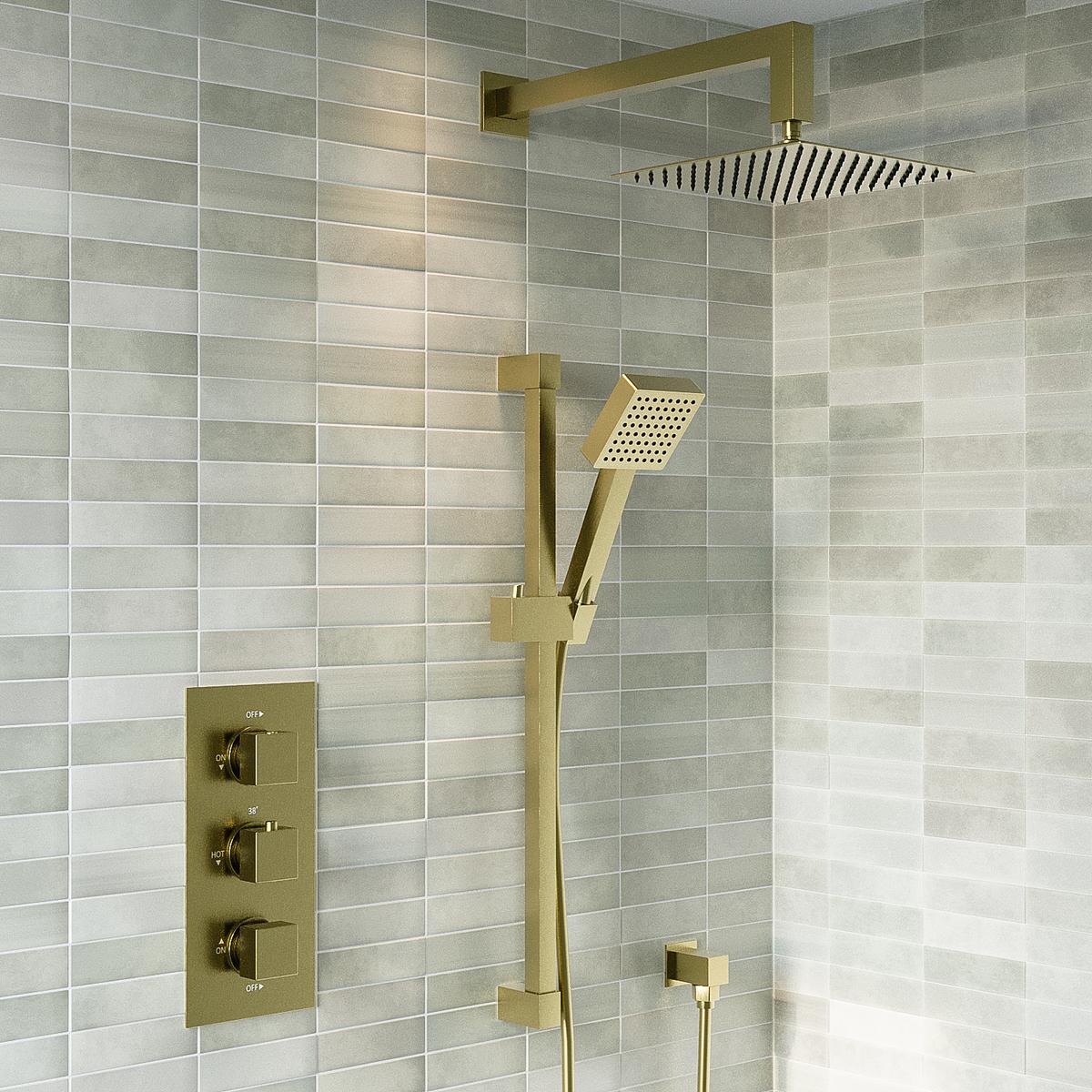 Brushed Brass 2 Outlet Wall Mounted Thermostatic Mixer Shower Set with Hand Shower - Slide Rail Kit & Diverter Controls - Zana