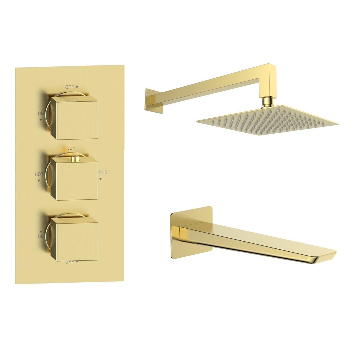 Brushed Brass 2 Outlet Wall Mounted Thermostatic Bath Mixer Shower Set with Bath Filler Spout - Zana