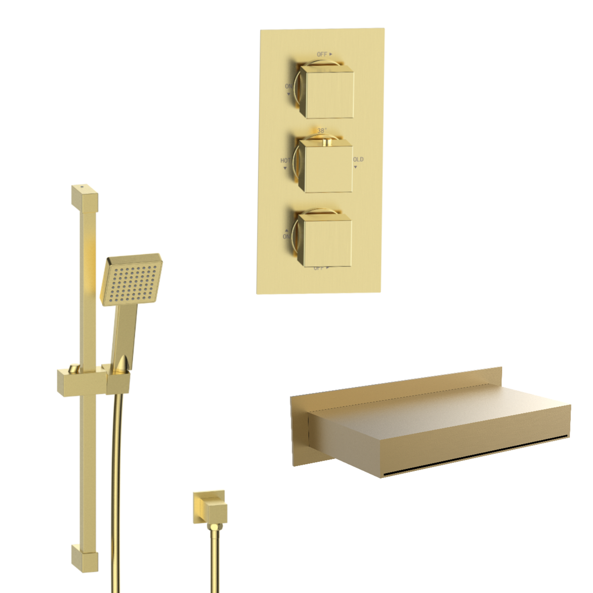 Brushed Brass 2 Outlet Thermostatic Bath Mixer Shower Set with Rainfall Bath Filler Spout & Hand Shower with Slide Rail Kit - Zana