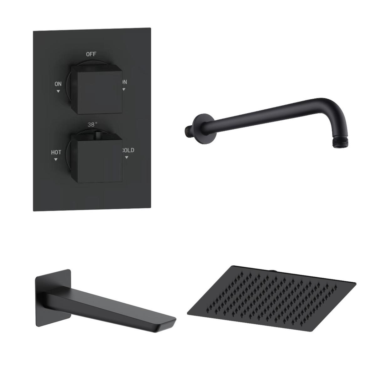Black 2 Outlet Wall Mounted Thermostatic Bath Mixer Shower Set with Bath Filler Spout - Zana