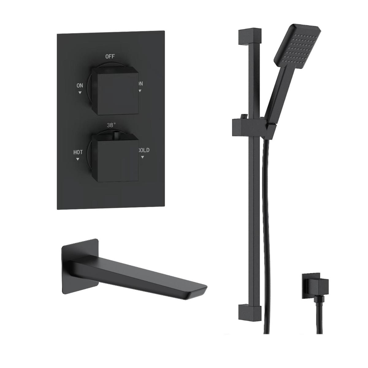 Black 2 Outlet Thermostatic Bath Mixer Shower Set With Hand Shower and Bath Filler Spout - Zana