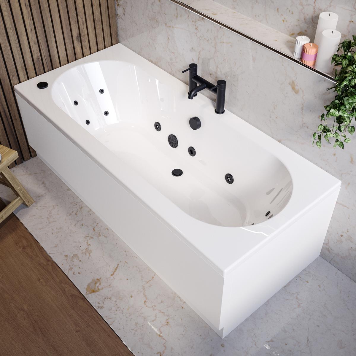 Double Ended Whirlpool Spa Bath with 14 Matt Black Whirlpool Jets 1700 x 750mm - Burford