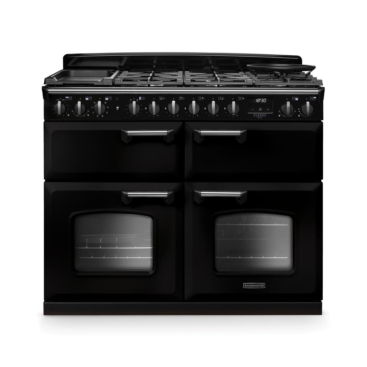 Rangemaster Classic Deluxe 110cm Base Cavity Dual Fuel Range Cooker - Gloss Black & Chrome