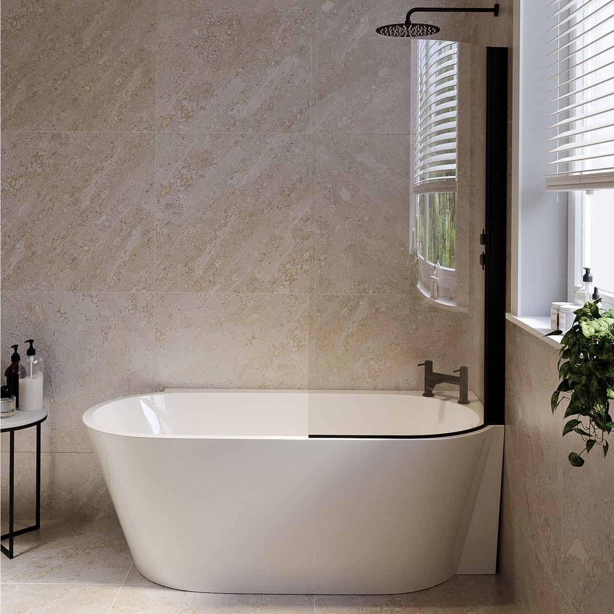 Grade A1 - Freestanding Shower Bath Single Ended Right Hand Corner with Black Bath Screen 1600 x 780mm - Cove