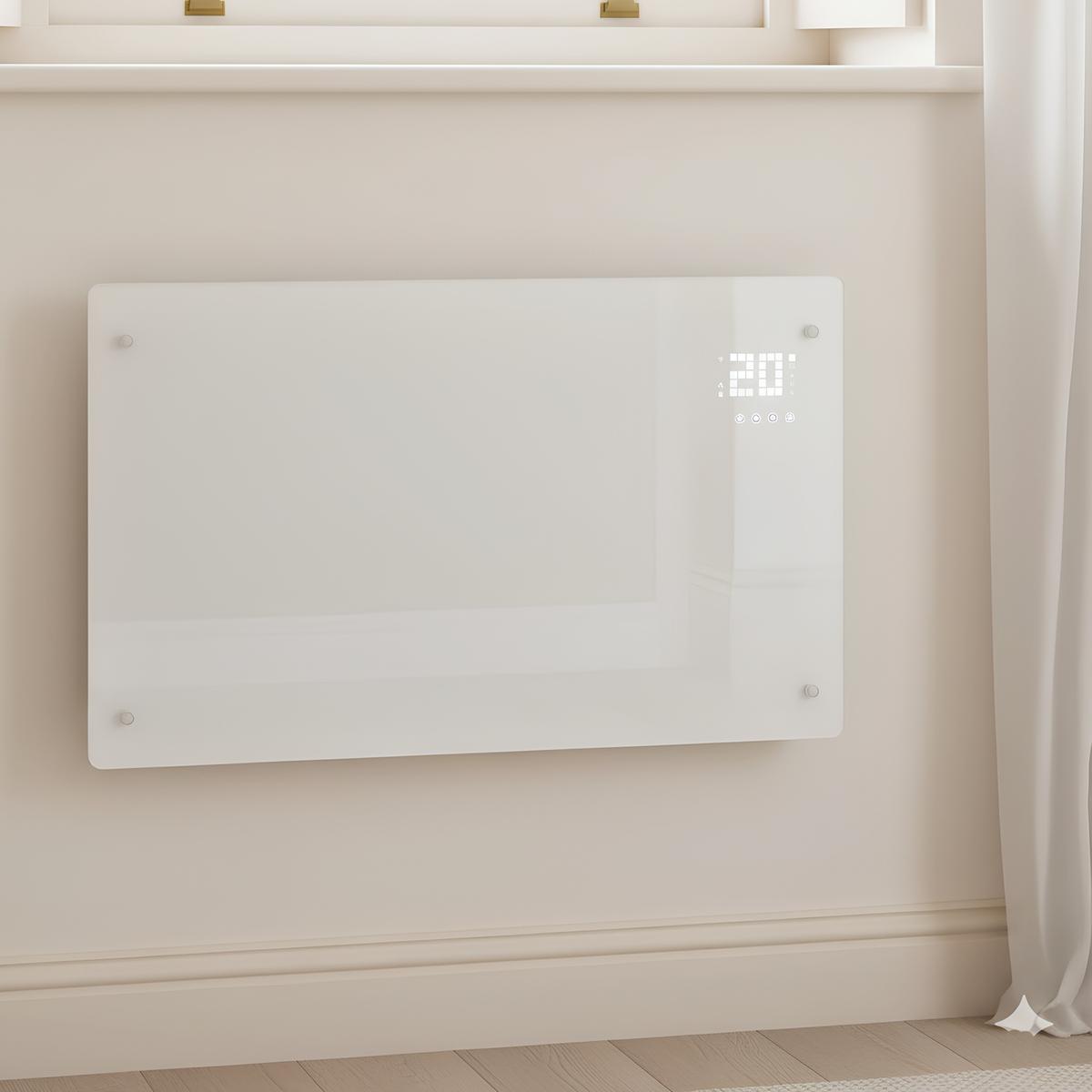 electriQ 2500W Smart Designer Glass Panel Convection Heater - Wall Mountable & Bathroom Safe - White
