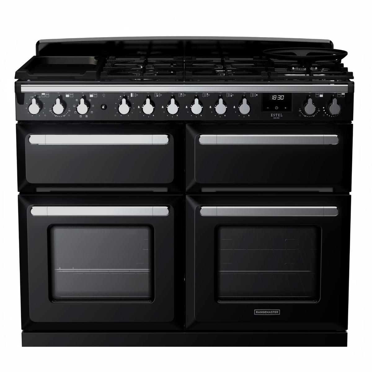 Rangemaster Estel Deluxe 110cm Dual Fuel Range Cooker - Gloss Black + Chrome