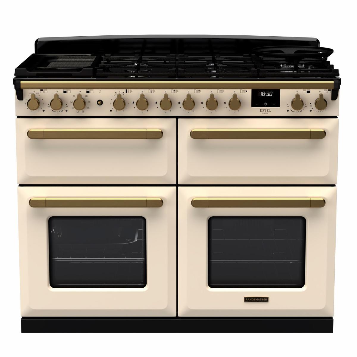 Rangemaster Estel Deluxe 110cm Dual Fuel Range Cooker - Pale Cream + Brass