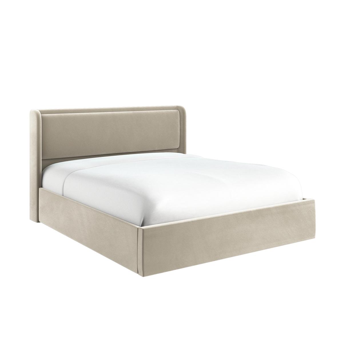 Beige Velvet Super King Ottoman Bed with Cushioned Headboard - Frida