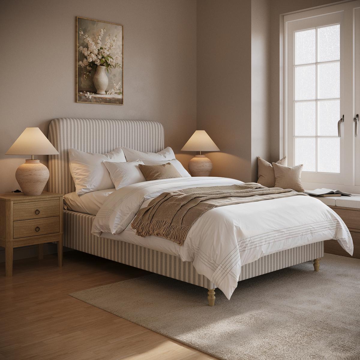 Beige Striped Upholstered Small Double Ottoman Bed with Curved Headboard - Farrow