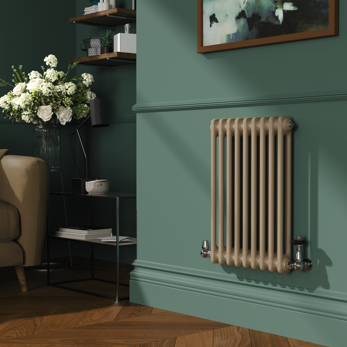 Reggio Beige grey Horizontal Double Column Traditional Radiator 600x425mm 1416 BTU - Cast Iron Style