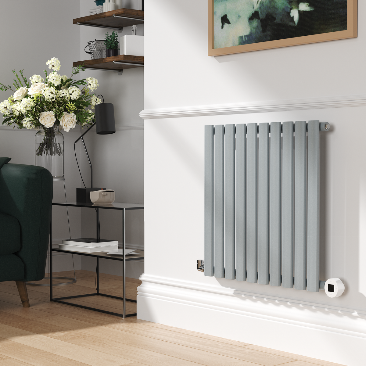 Salt & Pepper Horizontal Smart Electric Radiator with Wi-Fi Thermostat - 600W - H600xW590mm - Bathroom Safe