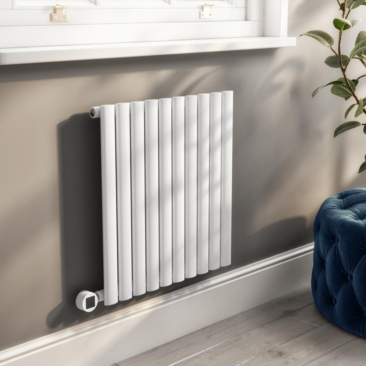 Refurbished - White Electric Horizontal Designer Radiator 0.6kW with Wifi Thermostat - H600xW590mm - IPX4 Bathroom Safe