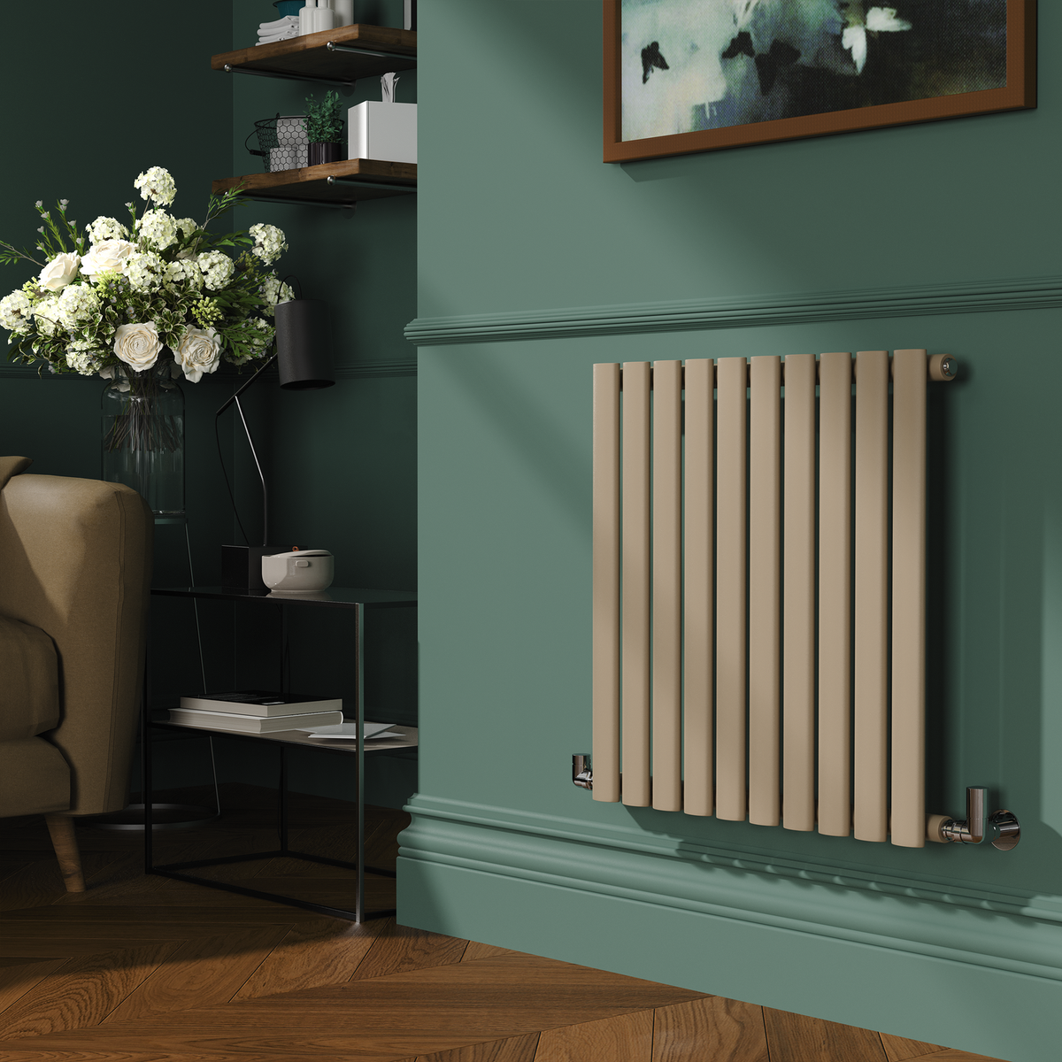 GRADE A1 - Sorrento Beige grey Horizontal Oval Designer Radiator 600x590mm Single Panel 1576 BTU