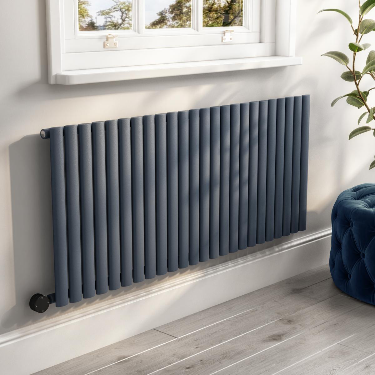 Refurbished Anthracite Electric Horizontal Designer Radiator 2kW with Wifi Thermostat - H600xW1416mm - IPX4 Bathroom Safe