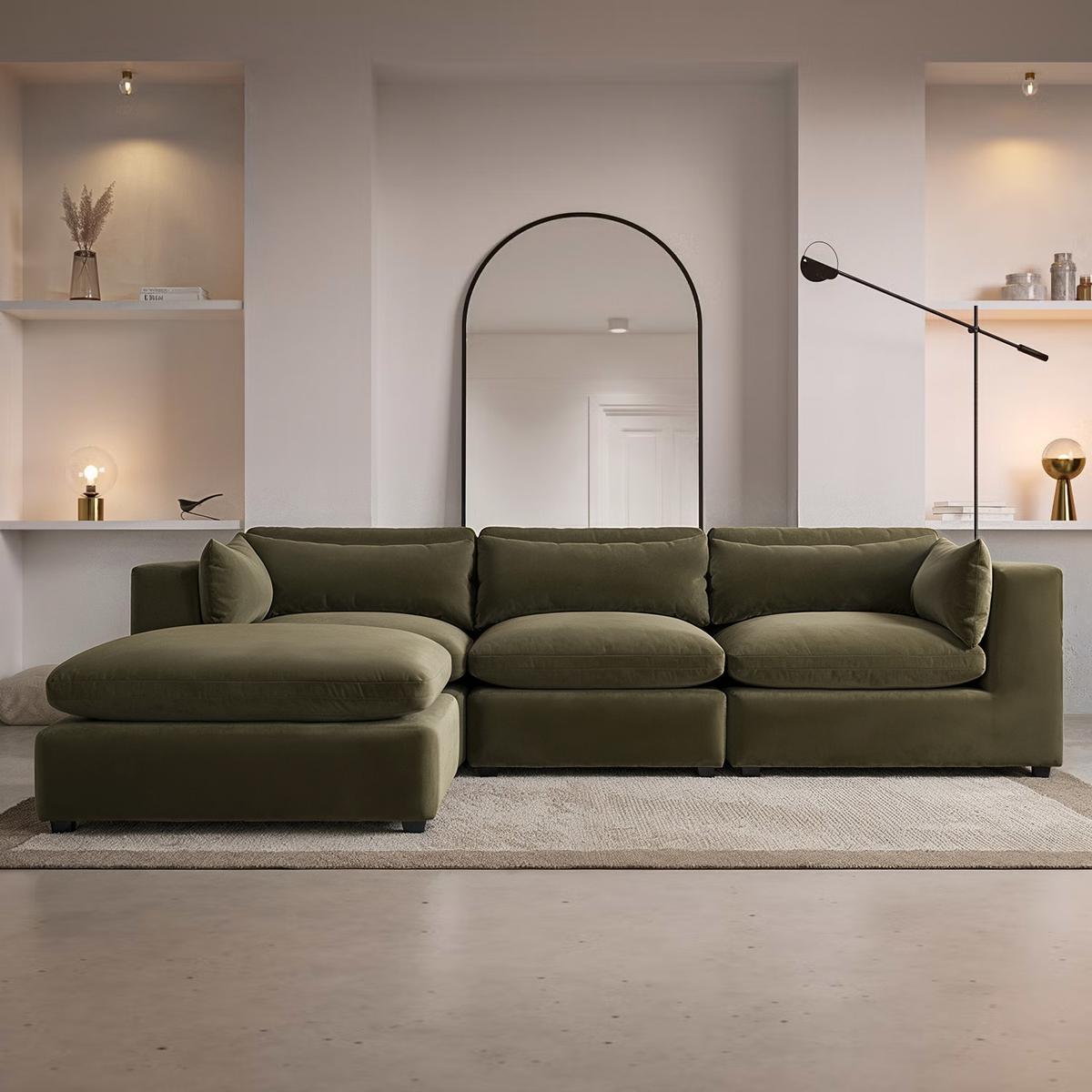 ONLY OPENED - Large Khaki Green Velvet Reversible 4 Seater Corner Sofa - Hudson