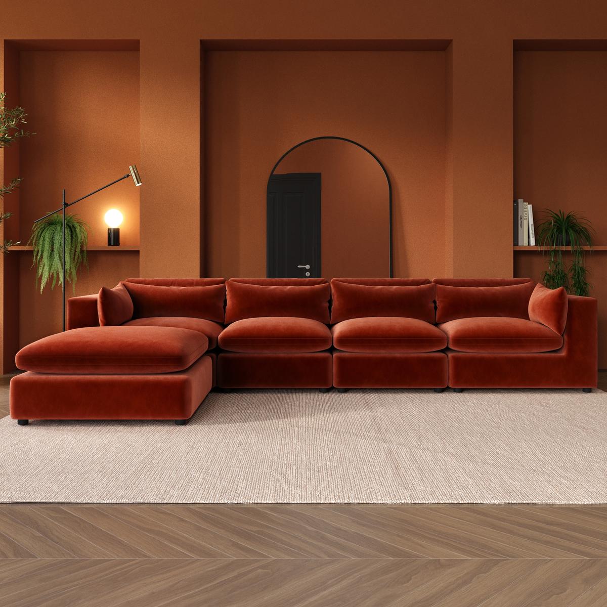 ALMOST PERFECT - Large Burnt Orange Velvet Reversible 5 Seater Chaise Corner Sofa - Hudson