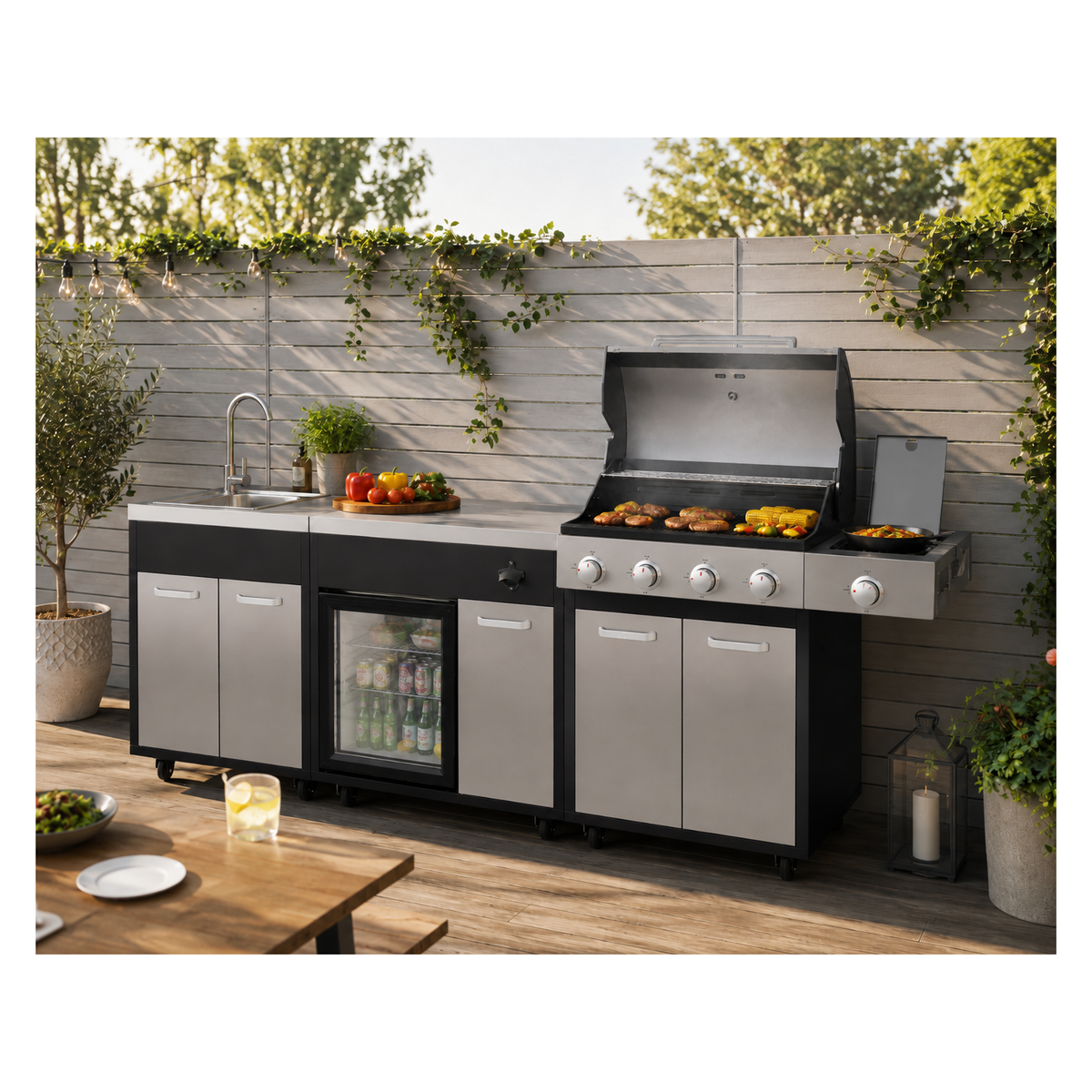 Boss Grill Outdoor Kitchen - 4 Burner Gas BBQ Grill with Beverage Cooler and Sink - Black