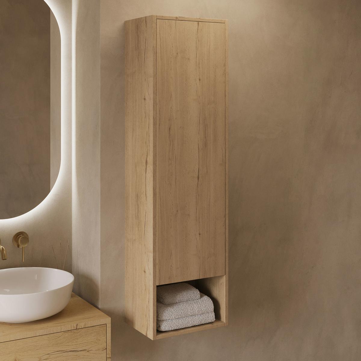 Single Door Oak Wood Effect Wall Mounted Tall Bathroom Cabinet 350 x 1250mm - Lugo