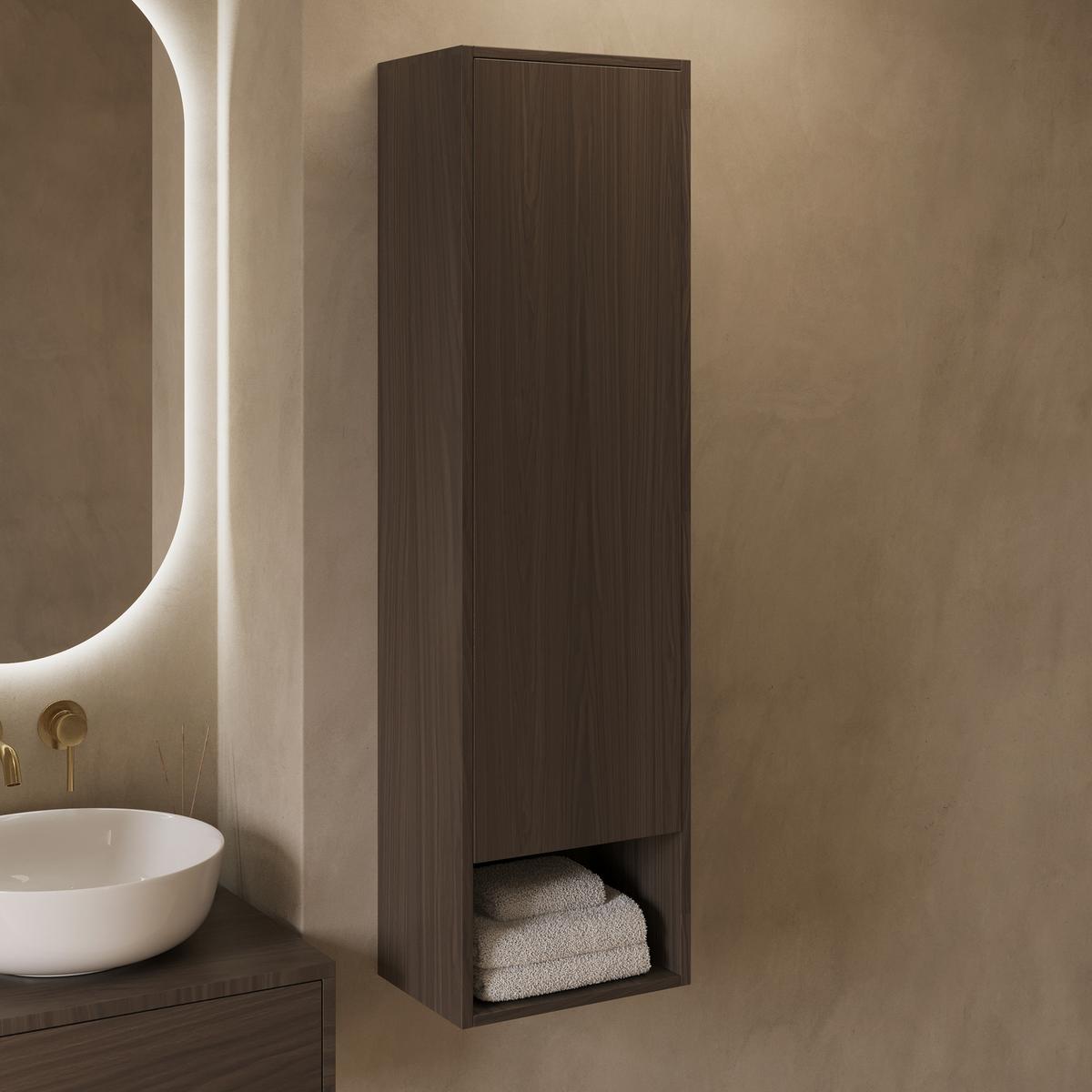 Single Door Walnut Wood Effect Wall Mounted Tall Bathroom Cabinet 350 x 1250mm - Lugo