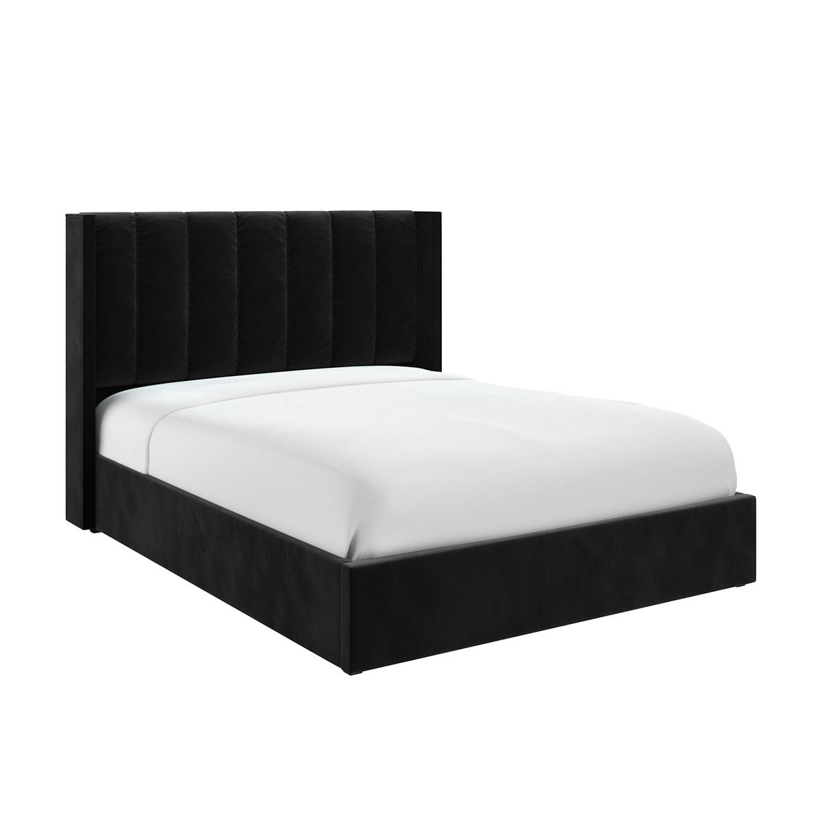 Black Velvet Double Ottoman Bed with Winged Headboard - Maddox