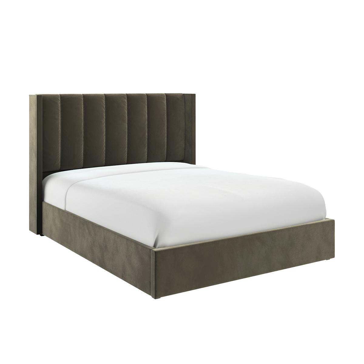Khaki Velvet Double Ottoman Bed with Winged Headboard - Maddox