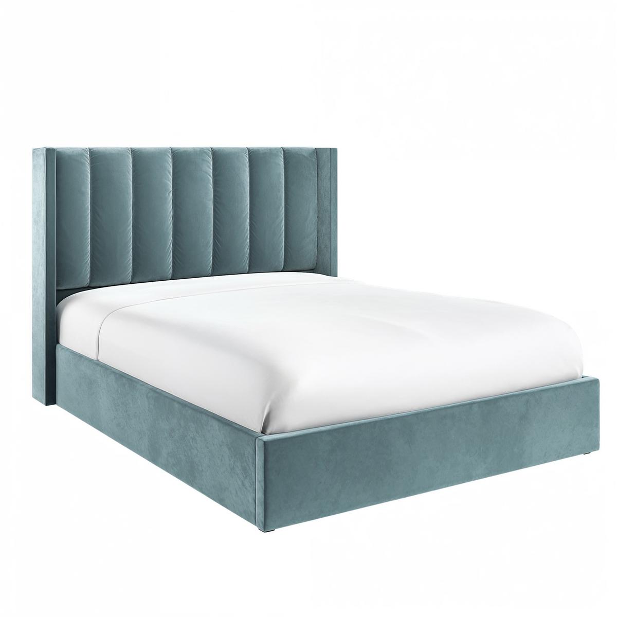 Blue Velvet Double Ottoman Bed With Winged Headboard - Maddox