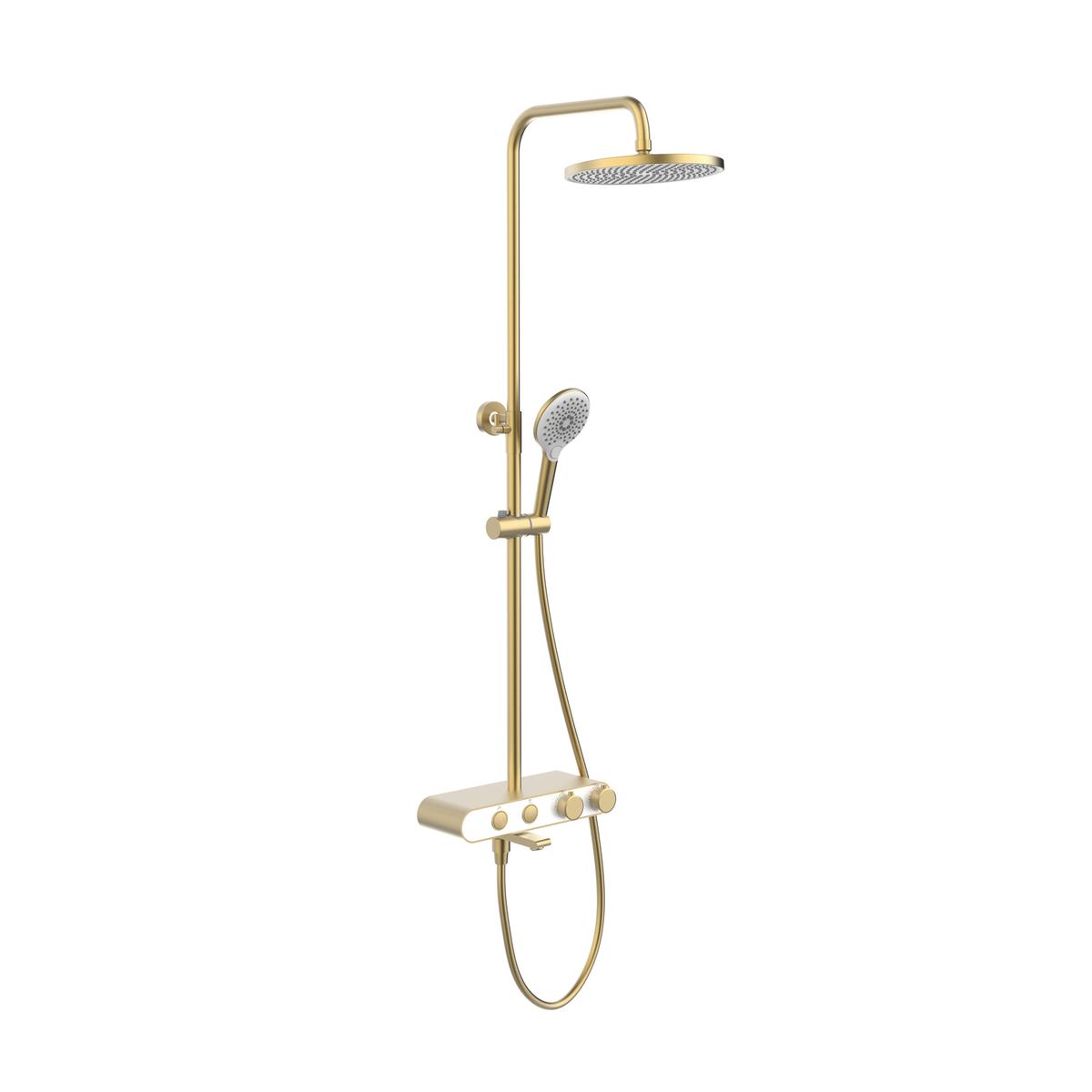 Brushed Brass 3 Outlet Push Button Thermostatic Mixer Shower Set with Hand Shower & Bath Filler Spout - Mika