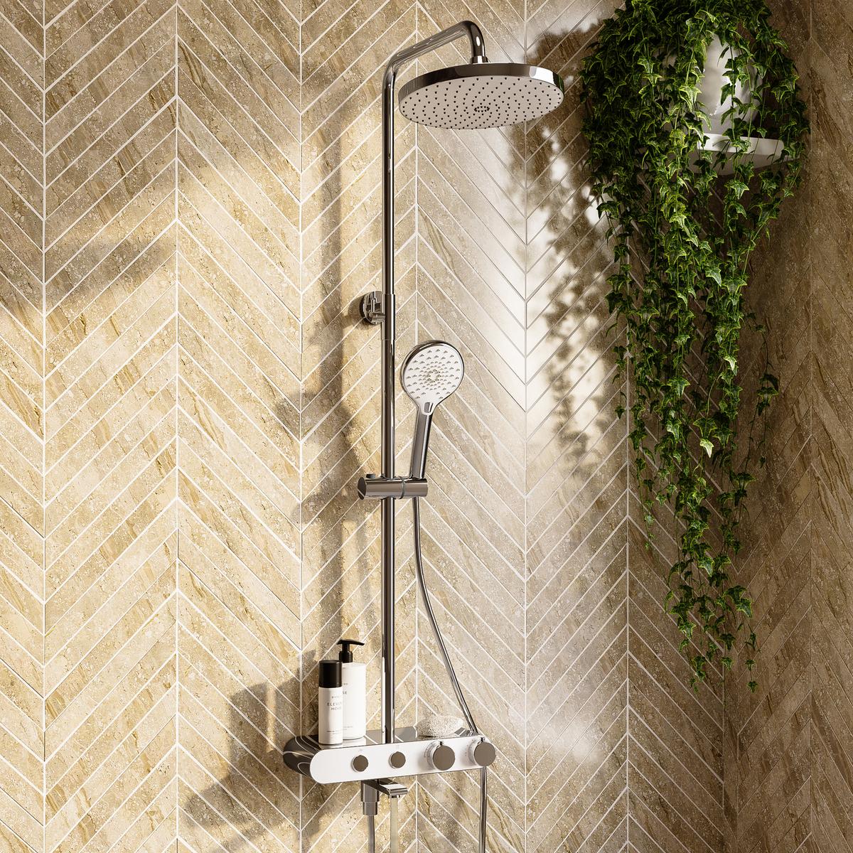 GRADE A2 - Chrome Round Thermostatic 3 Outlet Mixer Shower Set with Bath Filler Spout  Push Buttons and Shelf - Mika