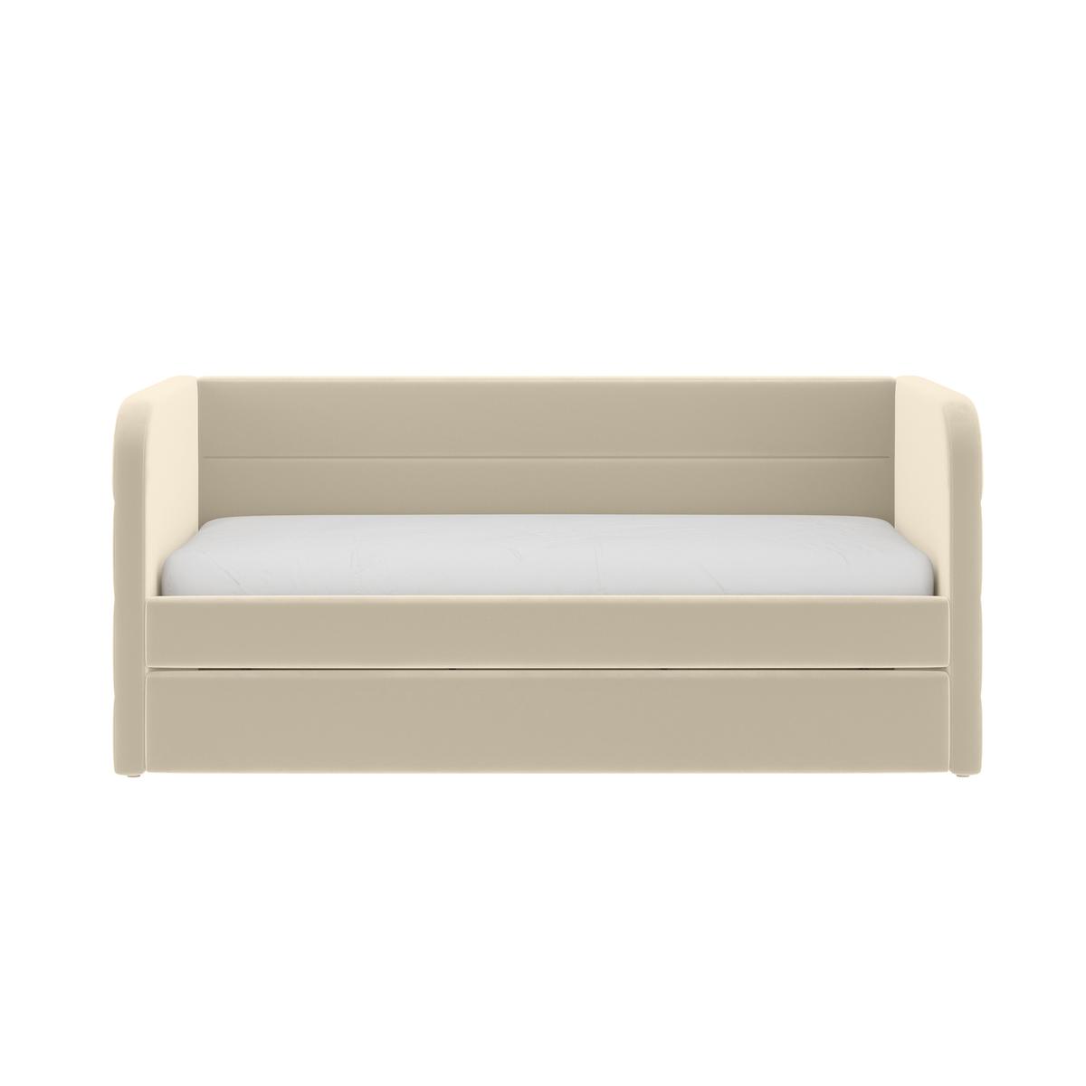 Beige Velvet Ribbed Day Bed with Trundle with Mattresses Included - Newton