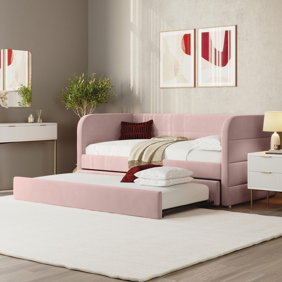 ONLY OPENED - Velvet Single Day Bed with Trundle in Pink - Newton
