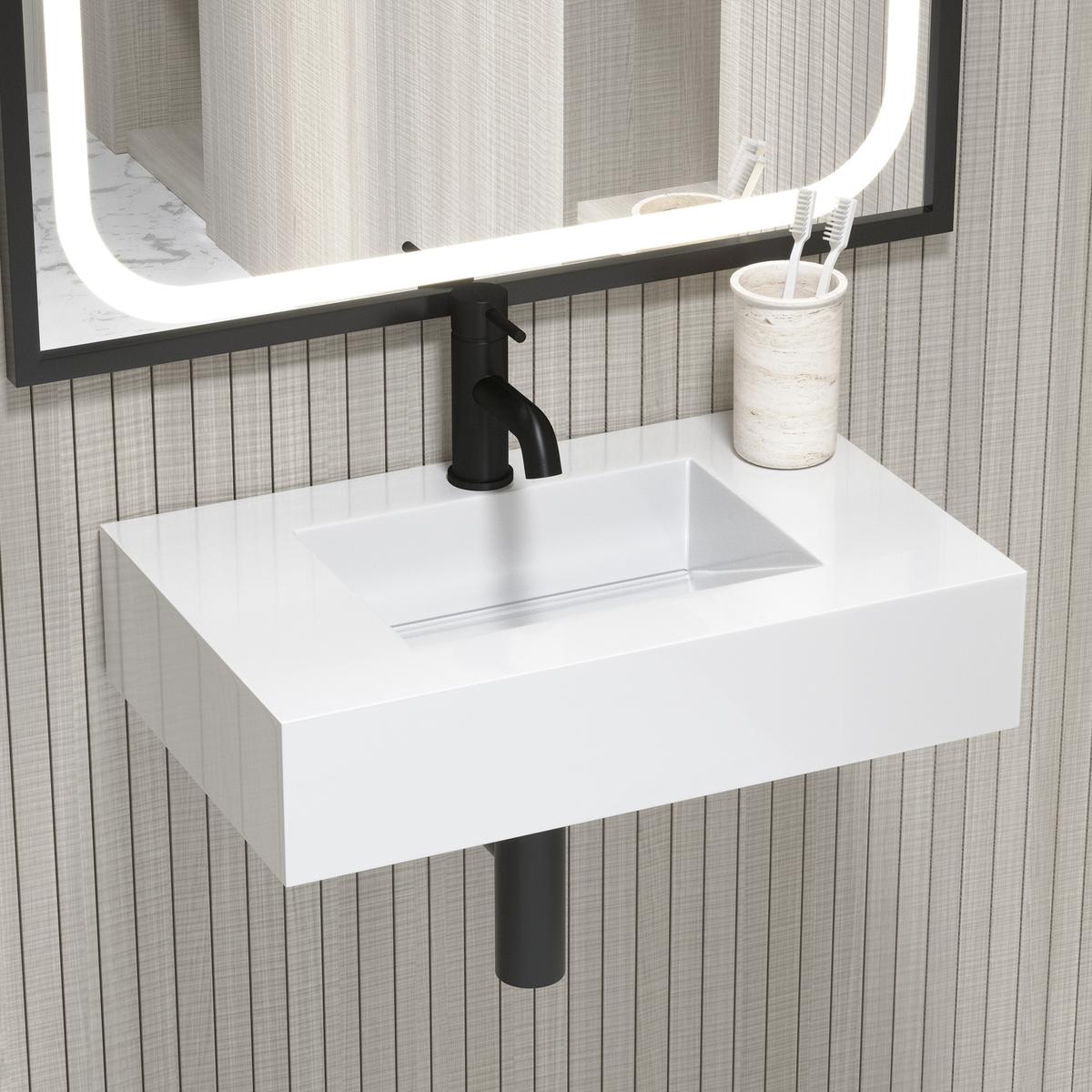 ONLY OPENED - 600mm Wall Hung Resin Basin with Built in Drain Gloss White- Oslo