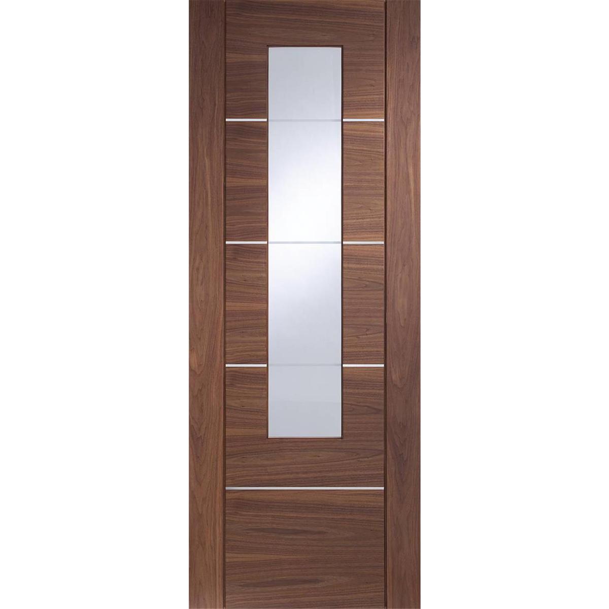 GRADE A1 - Internal Walnut Glazed Door with Clear Etched Glass and Aluminium Detail - Pre-Finished - 1981 x 838 x 35mm - Portici - XL Joinery