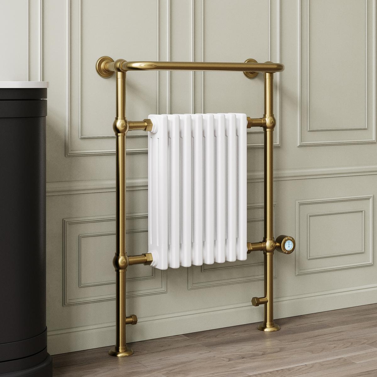 GRADE A1 - White and Brass Traditional Electric Column Radiator with Towel Rail 952 x 659mm - Regent
