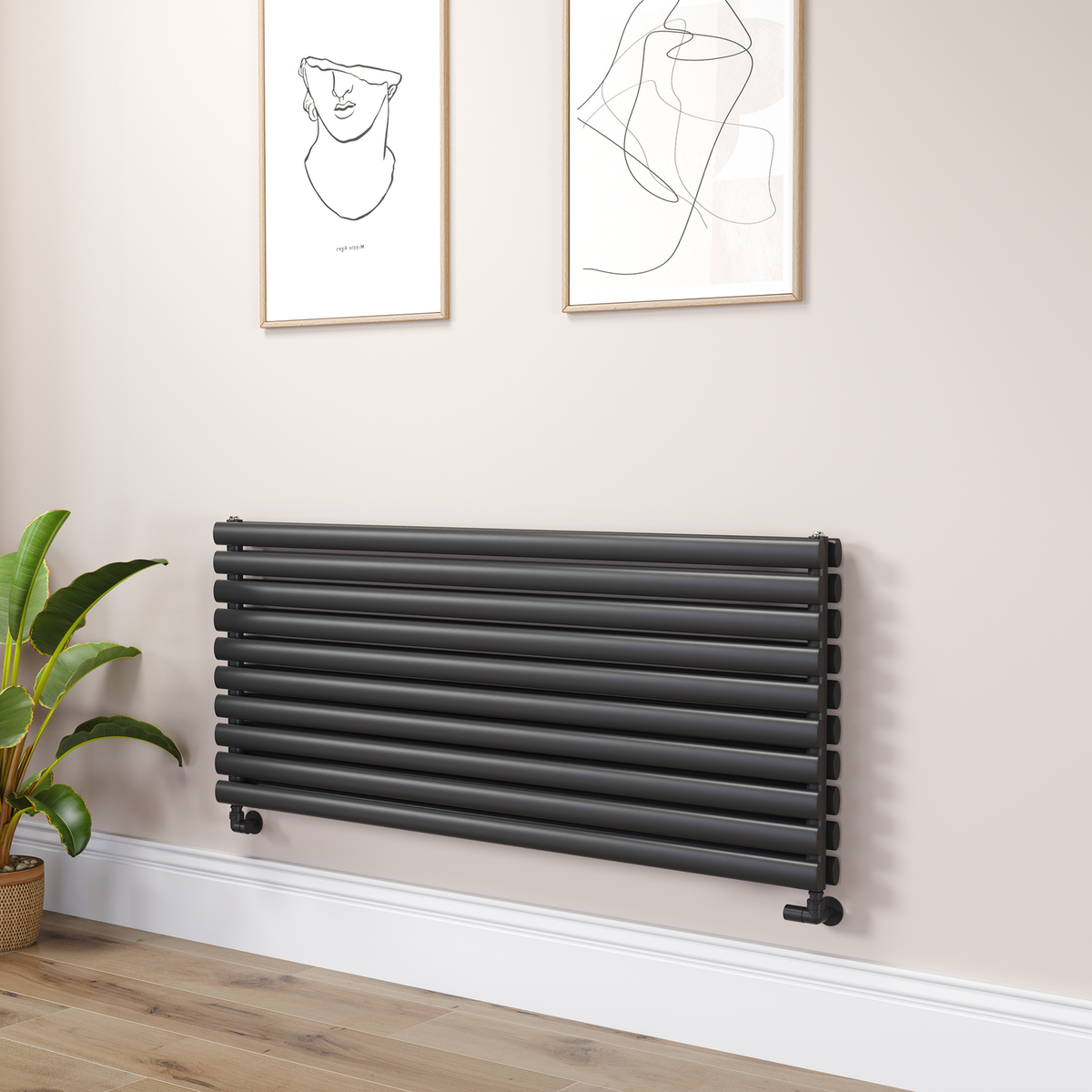 Sorrento Linea Black Oval Designer Radiator 590x1400mm Double Panel 5014 BTU - Horizontal Bars